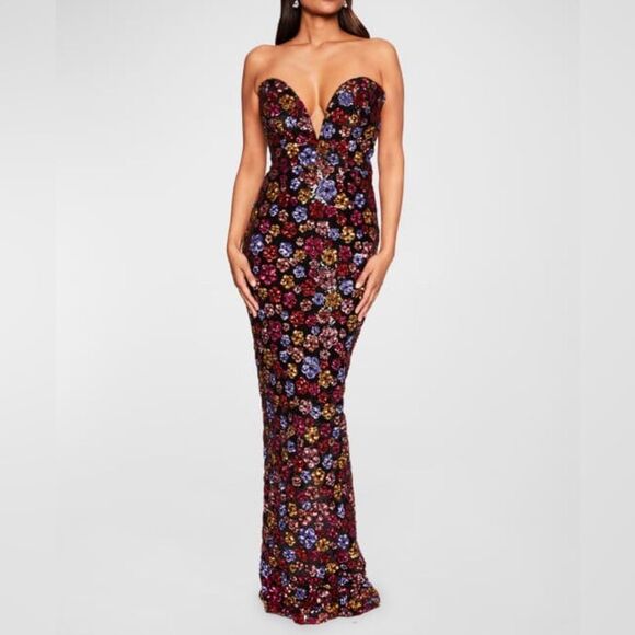 Marchesa Notte Strapless Plunging Floral Sequin Column Gown size 6 - Picture 1 of 13